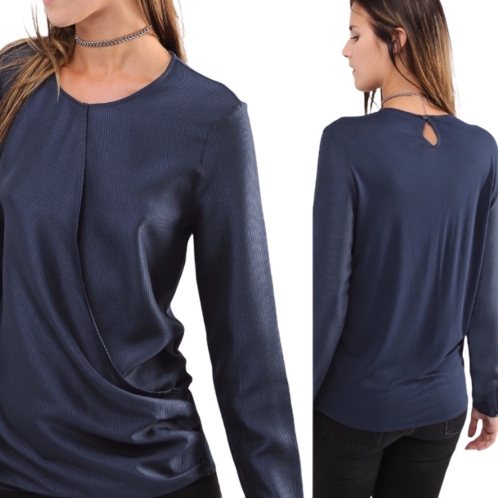 MANGO Navy Pinstripe Wrap Drape Front Long Sleeve Blouse Officecore Workwear S